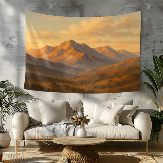 Golden Hour Mountain Tapestry – Nature Landscape Wall Art, Sunset Mountain Scene Fabric Wall Hanging, Boho Dorm & Living Room Decor