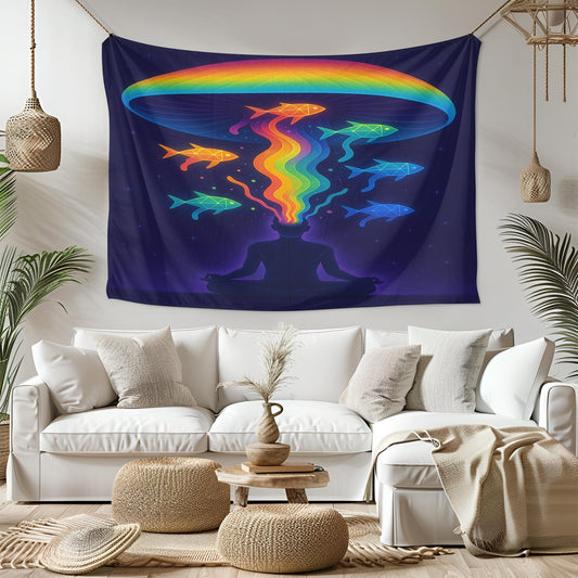 Psychedelic Meditation Tapestry, Rainbow Mind Art, Trippy Wall Decor, Spiritual Room Accent, Boho Visionary Print, Zen Fish Banner