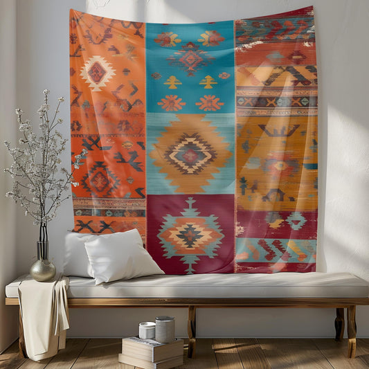 Patchwork Turkish Kilim Tapestry, Anatolian Carpet Pattern Wall Hanging, Vibrant Orange Turquoise Mustard Red Decor, Vintage Distressed Look