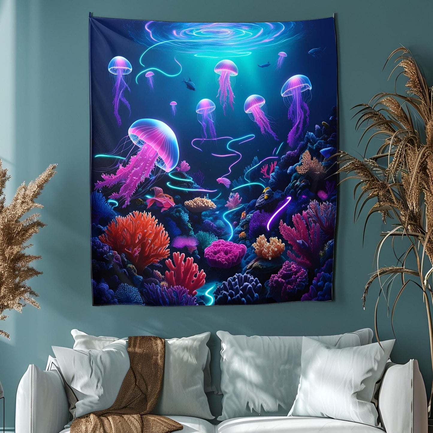 Psychedelic Underwater Tapestry, Glowing Coral Reefs, Bioluminescent Sea Creatures, Cosmic Jellyfish, Swirling Neon Light Ocean Art