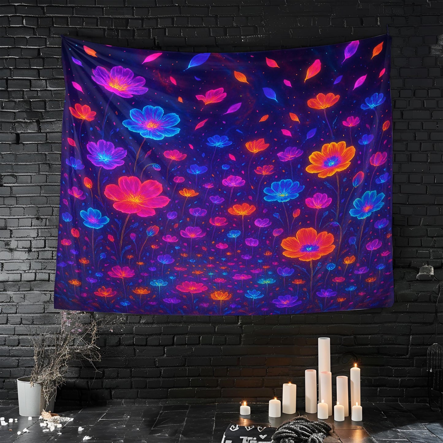 Surreal Bioluminescent Flower Field Tapestry, Psychedelic Fantasy Wall Art, Glowing Neon Petals, Dreamy Decor, Gift For Her Or Him