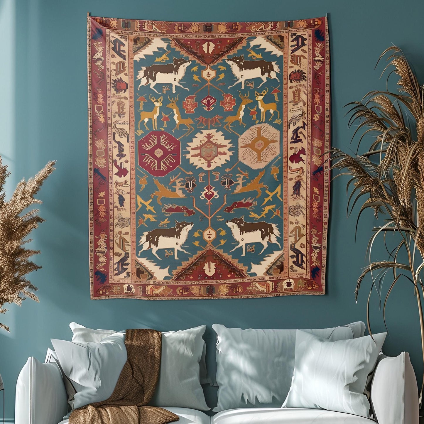Legendary Turkish Rug Tapestry, Ancient Mythology Symbols, Wolves Deer Dragons Design, Rich Earthy Tones Wall Hanging
