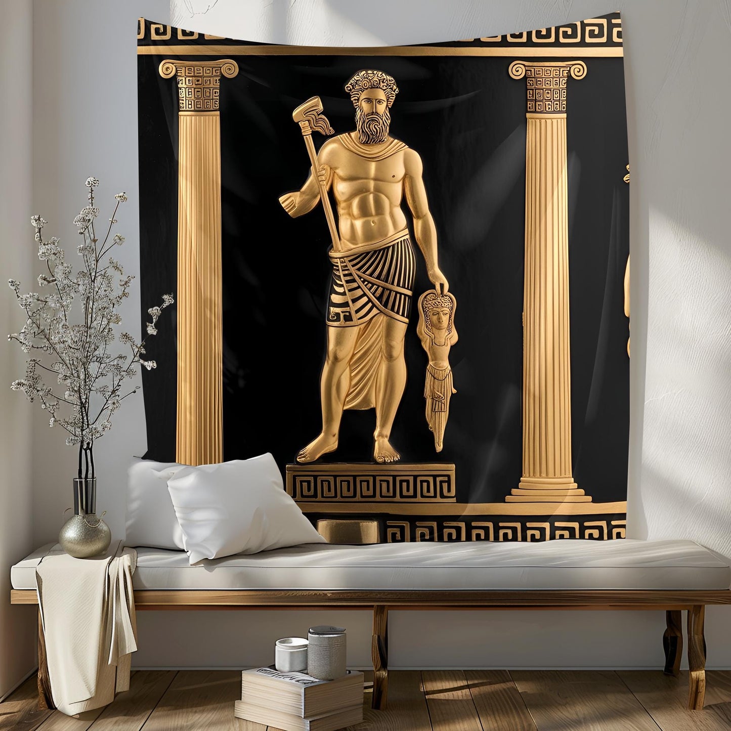 Ancient Greek Tapestry with Meander Motifs, Ionic Columns, Zeus & Athena Figures, Golden Details on Black Ceramic-Style Background
