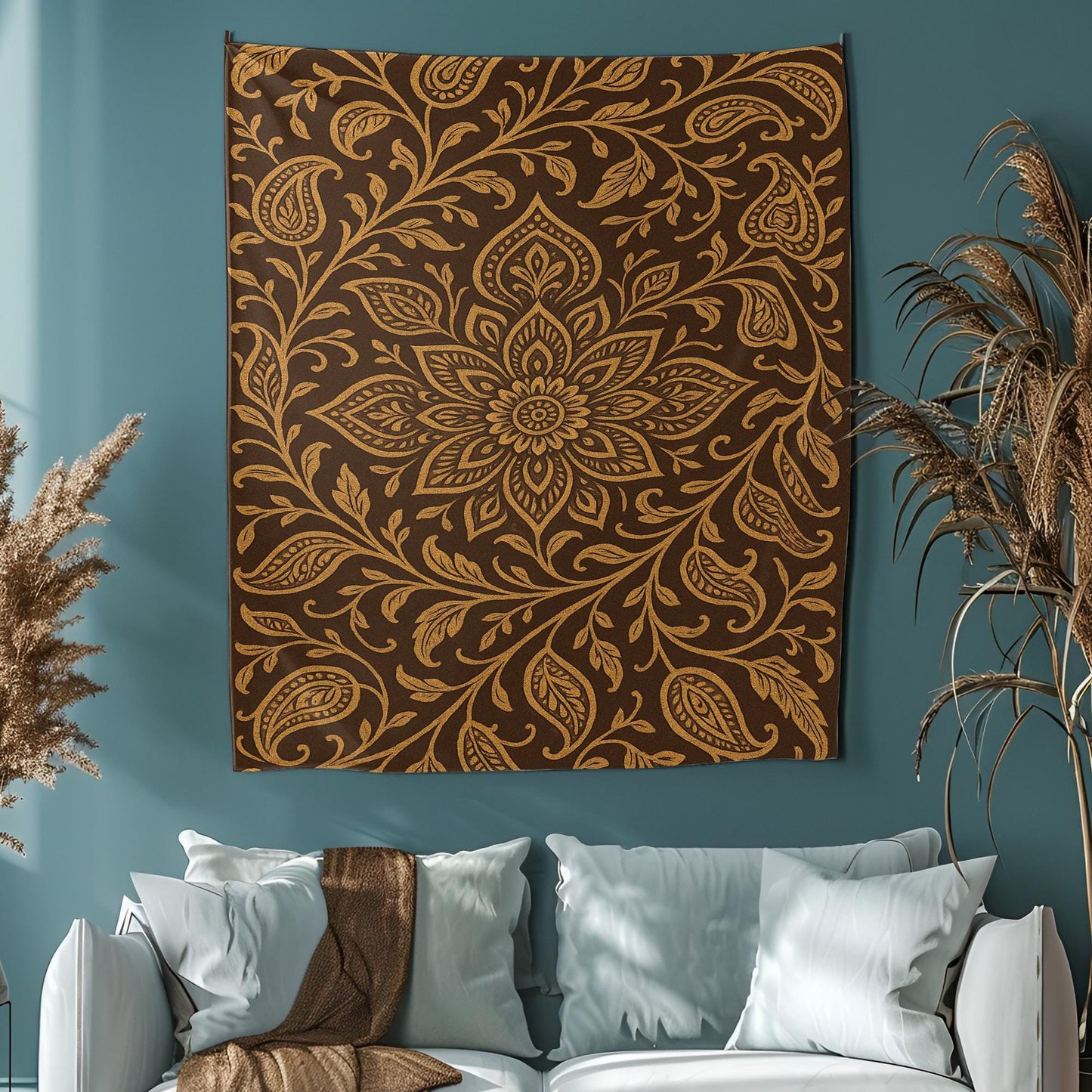 Floral Boho Wall Tapestry in Brown and Gold – Botanical Mandala Design Wall Hanging for Bedroom, Living Room or Meditation Space