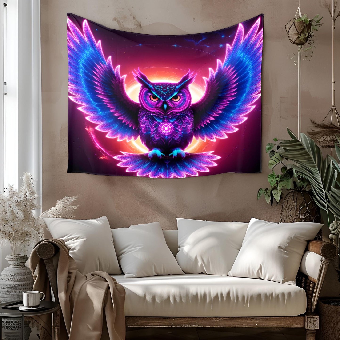 Neon Cosmic Owl Tapestry, Glowing Fractal Feathers & Hypnotic Eyes, Psychedelic Mystic Wall Art, Vibrant Light Trails Decor, Trippy Decor