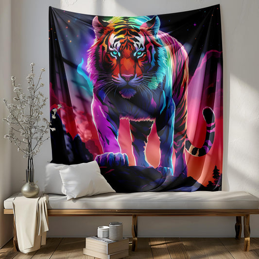 Vibrant Rainbow Tiger Tapestry - LGBT Pride Wall Hanging - Neon Cyberpunk Jungle Decor - Fierce & Colorful Animal Art