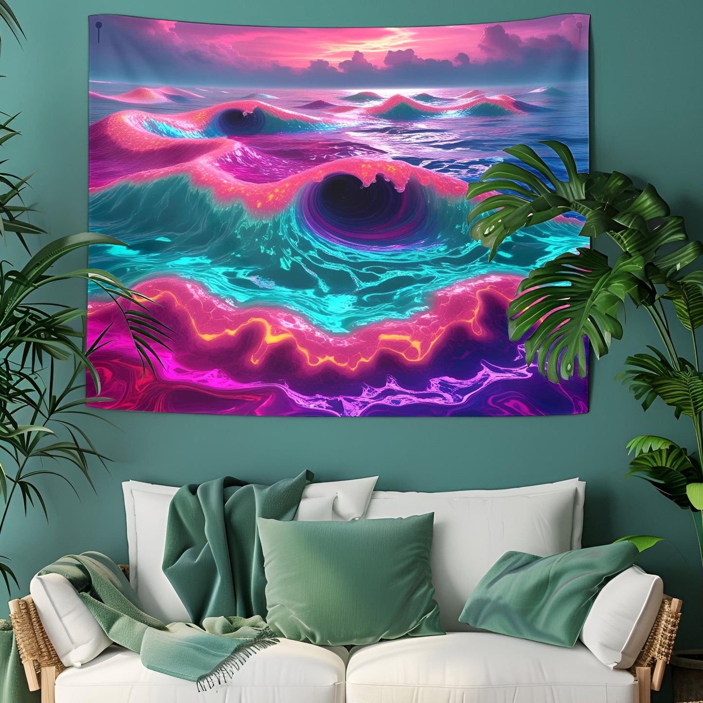 Neon Ocean Tapestry, Liquid Waves & Fractal Spirals, Bioluminescent Foam, Trippy Dreamlike Reflections Wall Art, Psychedelic Tapestry