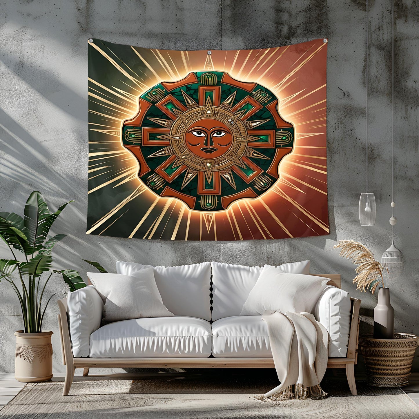 Aztec Sun Stone Tapestry with Intricate Symbols, Tribal Jaguar Motifs & Geometric Lines in Terracotta, Gold Dark Green Tones