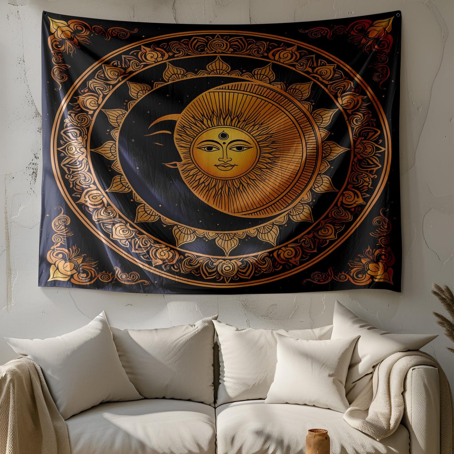Indian Mandala Tapestry Wall Hanging, Celestial Sun Moon Decor, Spiritual Meditation Room Art, Yoga Wall Decor, Astrology Bedroom Tapestry