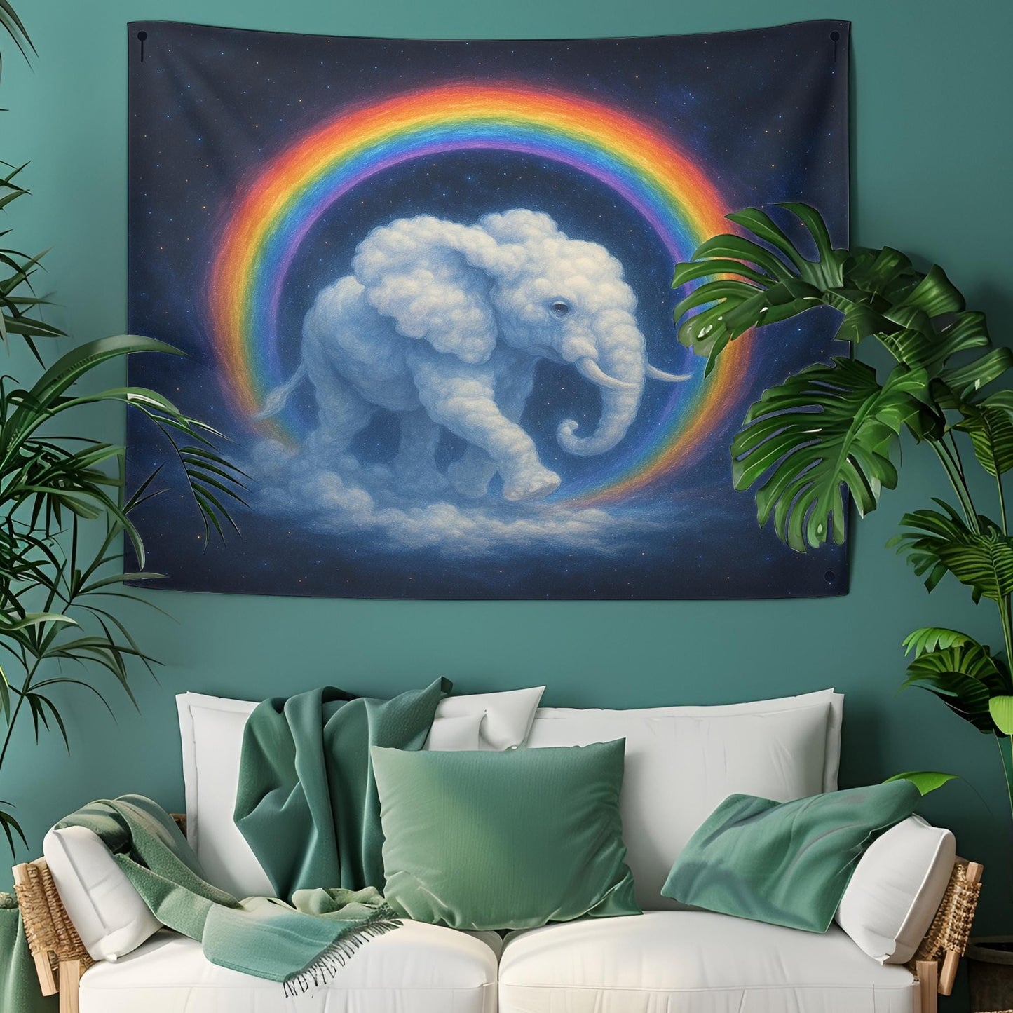 Rainbow Elephant Tapestry Wall Hanging, Dreamy Cloud Elephant Art For Kids Room Or Nursery, Whimsical Boho Decor Gift For Animal Lovers