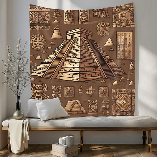 Seamless Mayan Tapestry with Pyramids, Calendar Symbols & Intricate Stone Carvings, Earthy Tones Ancient Mesoamerican Wall Art