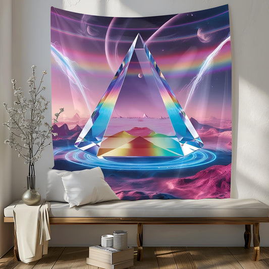 Giant Transparent Crystal Prism Tapestry, Floating in Surreal Dreamscape, Refracting Rainbow Light & Cosmic Energy Waves, Neon Psychedelic