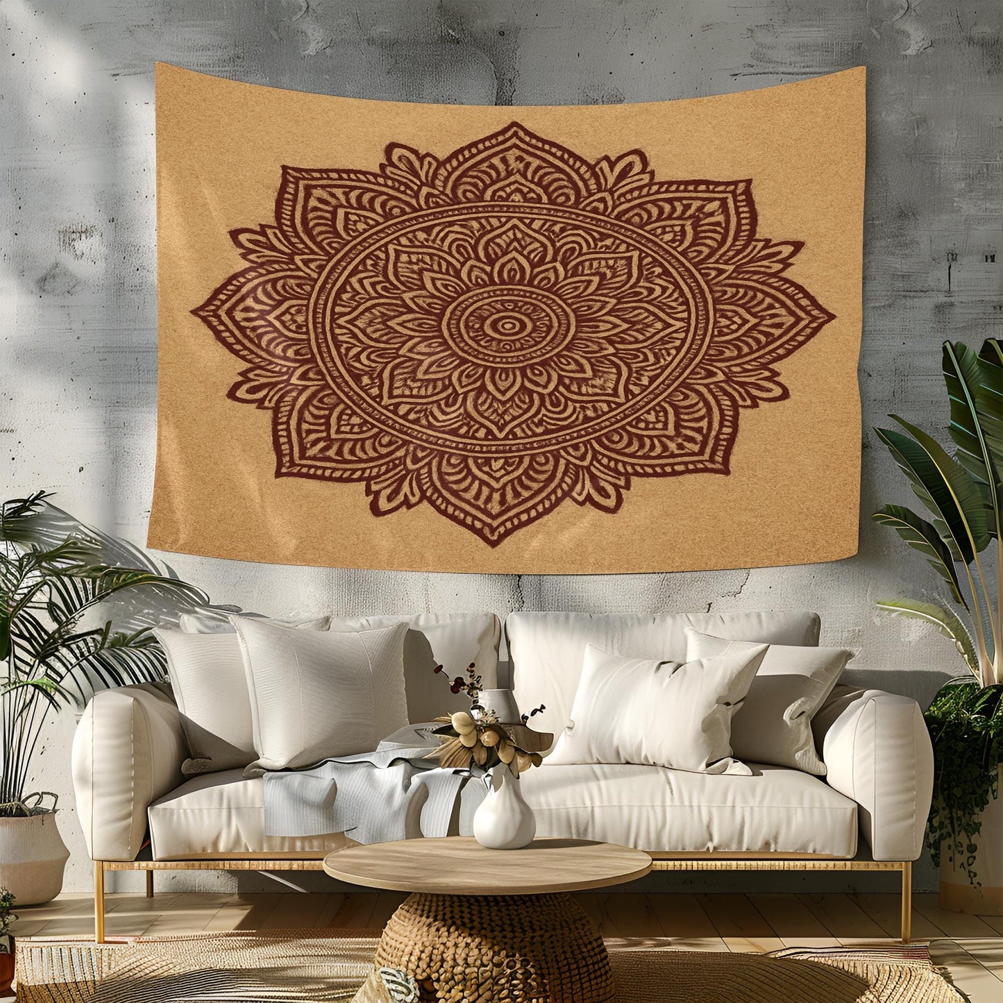 Minimalist Boho Mandala Tapestry – Beige and Brown Lotus Wall Hanging for Meditation, Bedroom, or Yoga Space, Boho Tapestry, Indian Mandala
