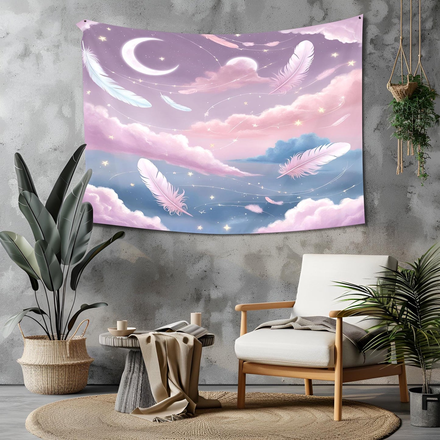 Dreamy Galaxy Tapestry with Floating Crescent Moons, Drifting Feathers, Glowing Clouds & Star Trails in Lilac Blush Pink Baby Blue