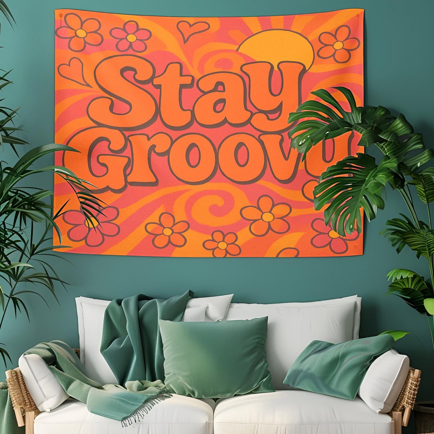 Stay Groovy Retro Tapestry, 70s Curvy Typography With Floral Swirl Background, Orange Pink Sunshine Vibe Wall Art, Gift For Her Or Him