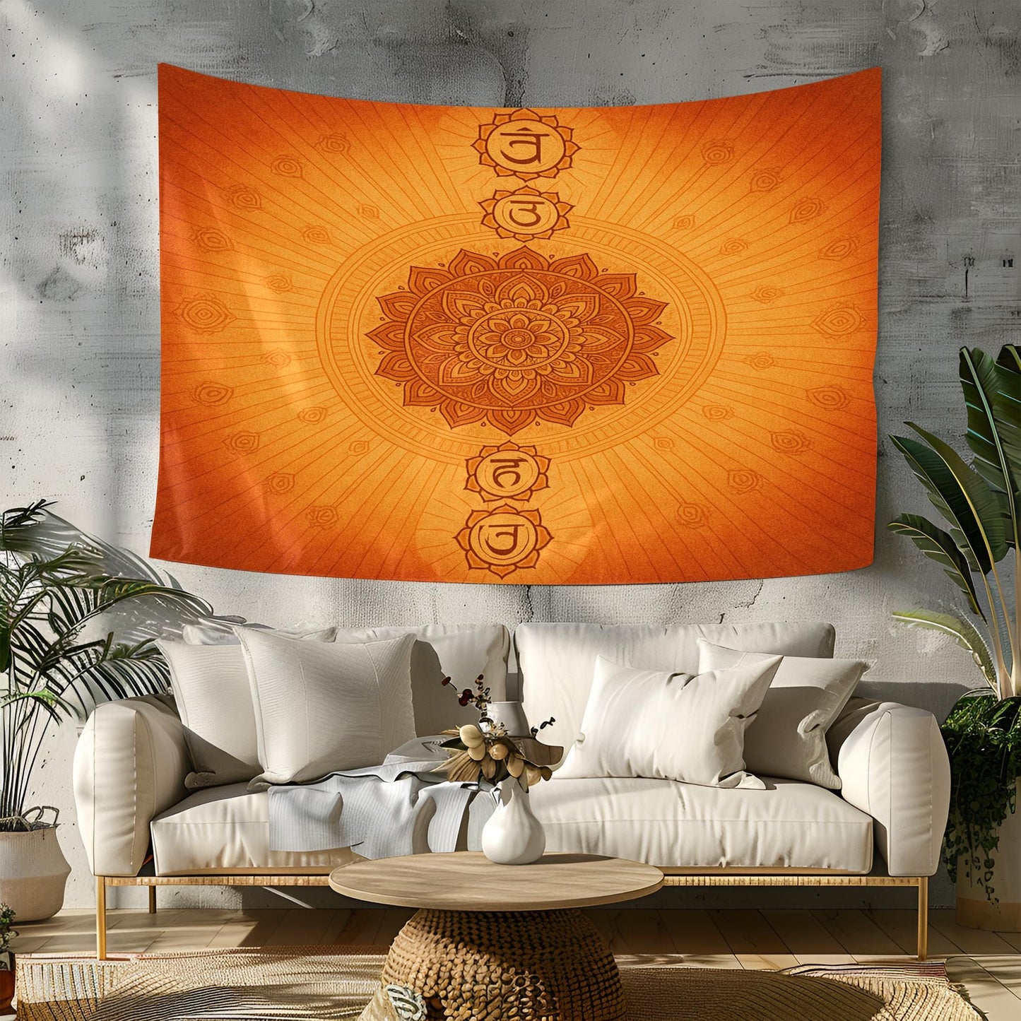 Chakra Wall Tapestry in Orange with Mandala and Symbol Design – Spiritual Boho Decor for Meditation, Yoga, Healing and Mindful Living