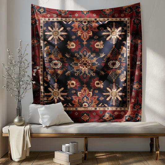 Ottoman Vintage Rug Tapestry, Distressed Floral Geometric Wall Hanging, Deep Red Navy Gold Decor, Antique Oriental Style Art, Turkish Rug