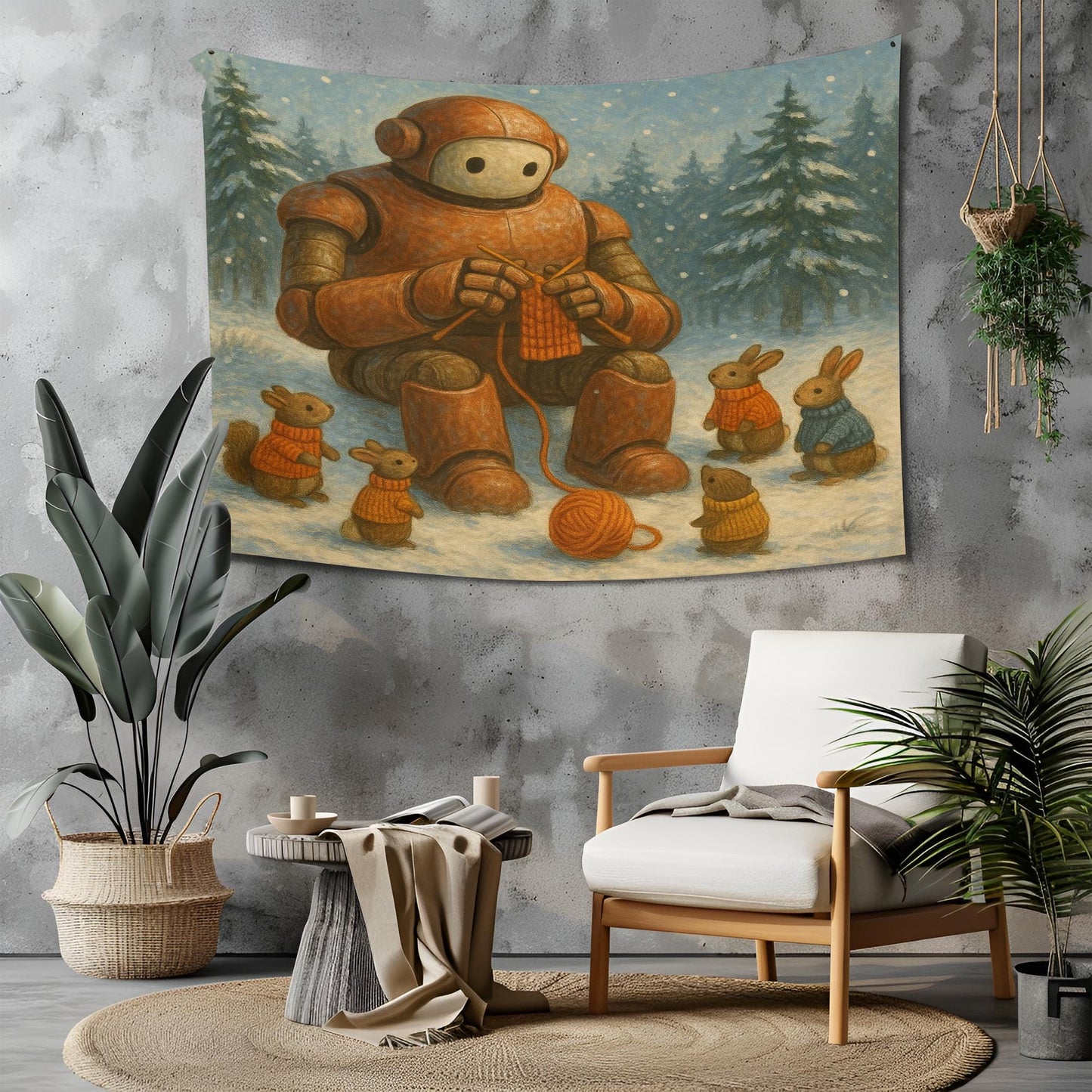 Robot Knitting Tapestry With Woodland Animals, Cozy Winter Wall Art, Whimsical Bunny Decor For Kids Room, Gift For Sci Fi Fantasy Lovers