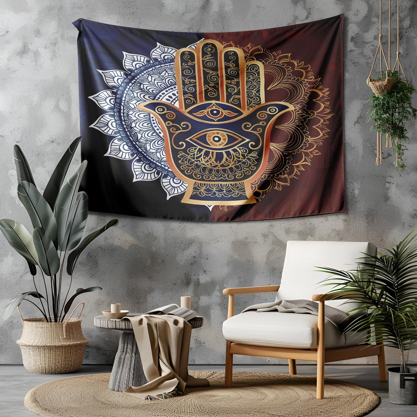 Mystical Hamsa Hand Mandala Tapestry, Indian Spiritual Wall Hanging, Deep Blue Gold Terracotta Boho Decor, Protective Eye Design