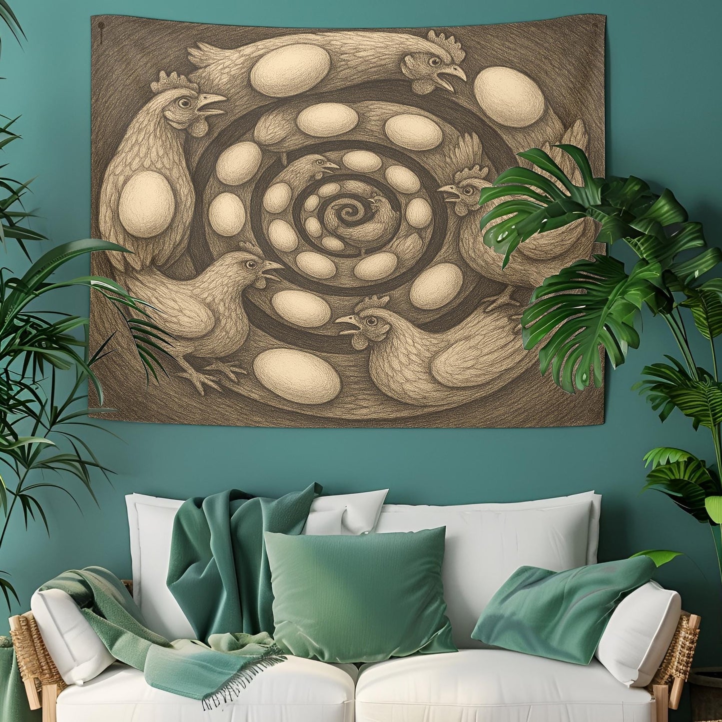 Spiral Chicken Egg Tapestry, Surreal Farmhouse Wall Art, Optical Illusion Hen Print For Kitchen, Dorm Room Or Rustic Country Home Decor