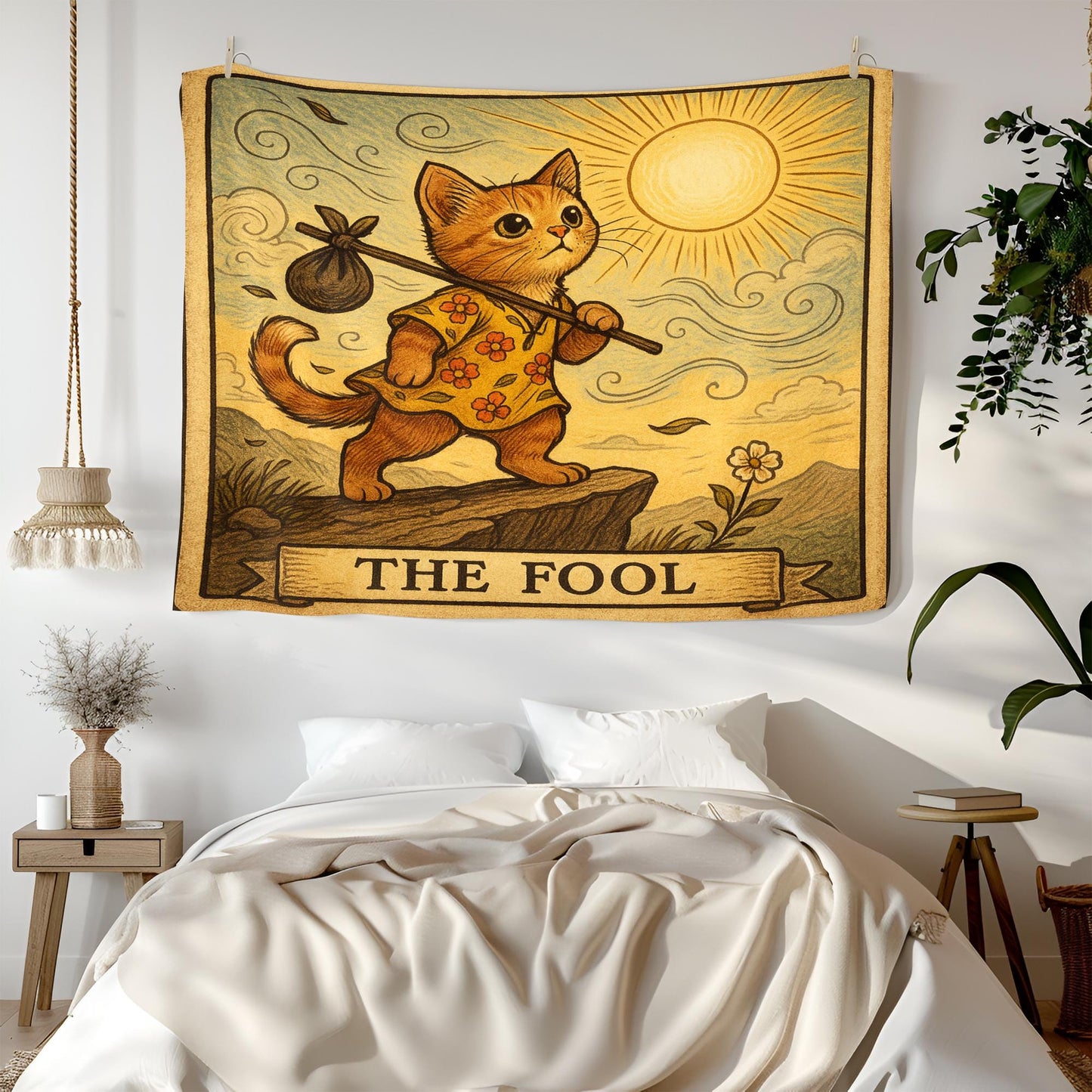 The Fool Cat Tapestry – Tarot Cat Wall Art, Playful Boho Cat Decor, Sunshine Journey Tapestry for Bedroom, Dorm or Creative Space