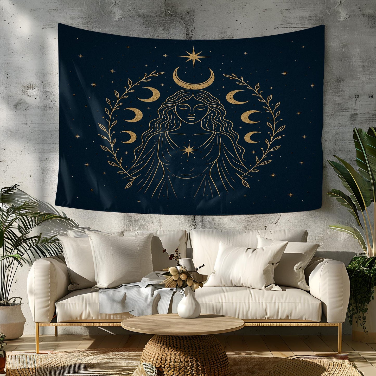 Divine Feminine Moon Goddess Tapestry in Gold on Midnight Black – Boho Spiritual Wall Art for Witchy Decor and Celestial Interiors
