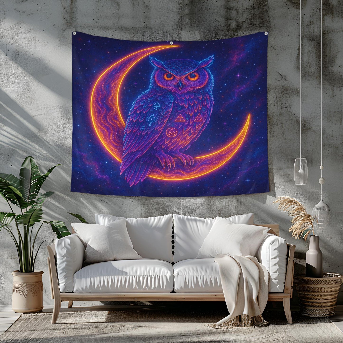 Neon Owl On Crescent Moon Tapestry, Color Shifting Feathers With Sacred Symbols, Celestial Cosmic Wall Art, Trippy Gift For Her Or Him