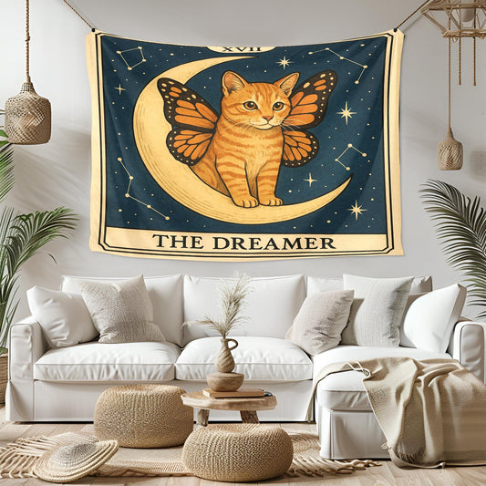 The Dreamer Cat Tapestry – Celestial Cat Wall Art, Butterfly Wing Cat Decor, Magical Tarot-Inspired Tapestry for Boho or Bedroom Walls