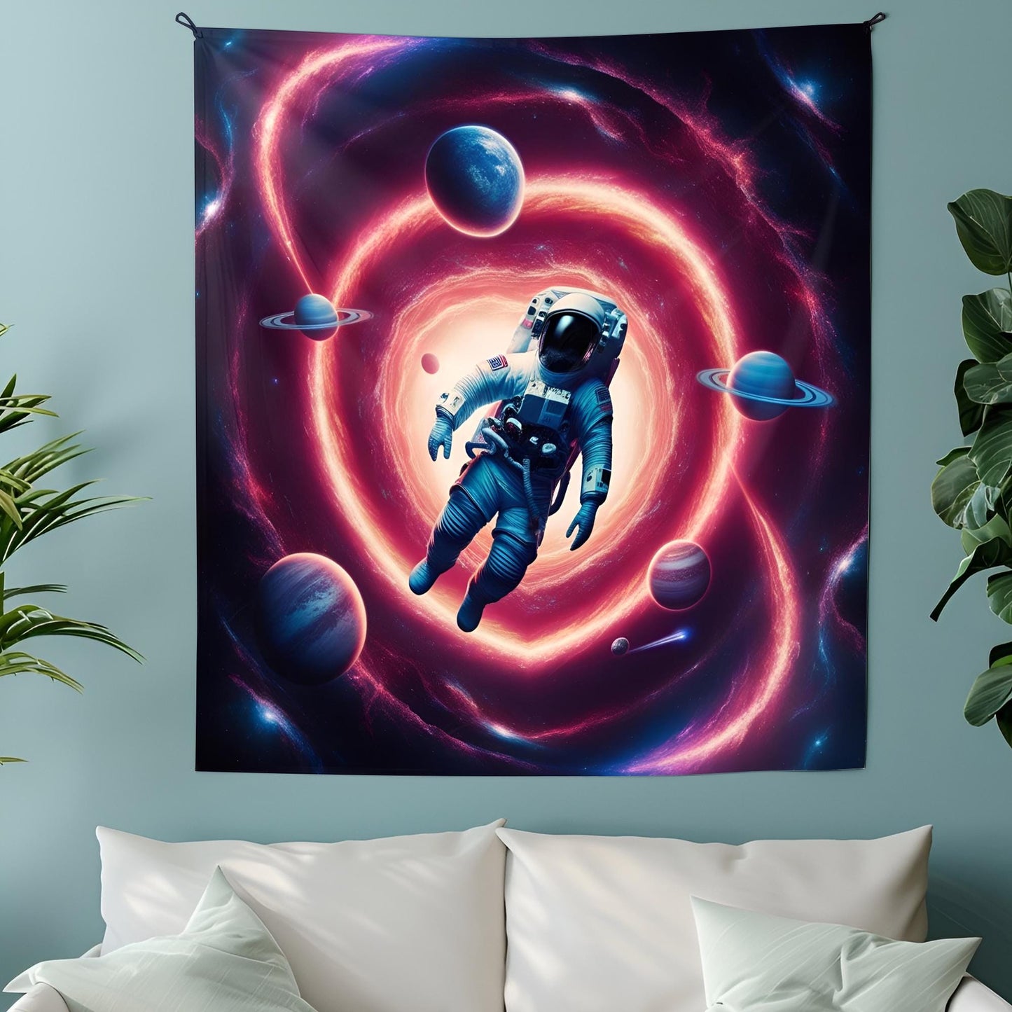 Psychedelic Astronaut Tapestry, Cosmic Vortex Wall Art, Swirling Neon Galaxies & Fractal Planets, Surreal Space Travel Decor , Trippy Decor
