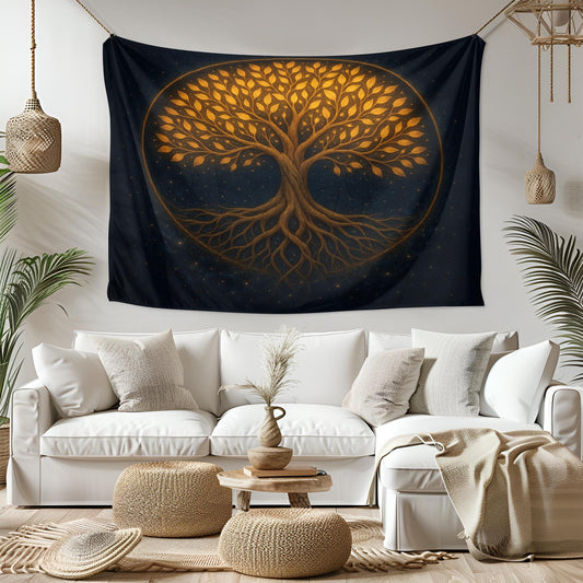 Golden Tree of Life Wall Tapestry, Mystical Night Forest Design, Boho Spiritual Wall Hanging for Bedroom, Living Room or Meditation Decor