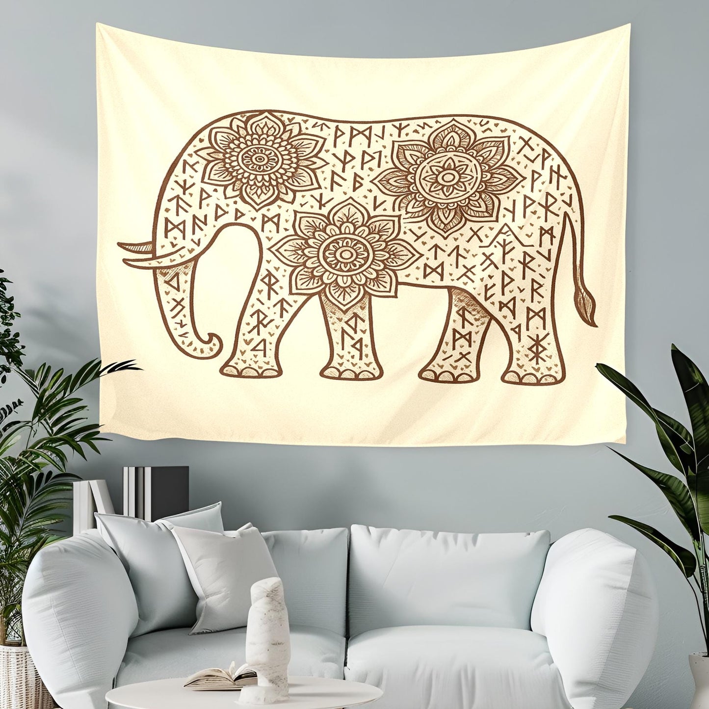 Mandala Elephant Wall Tapestry with Runes on Cream Background – Bohemian Boho Decor for Yoga Room, Bedroom, Meditation and Healing Space