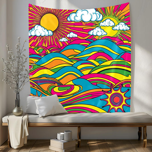 70s Psychedelic Landscape Tapestry, Neon Rolling Hills & Swirling Clouds, Groovy Sunburst Retro Wall Art, Trippy Vintage Decor , Trippy Deco