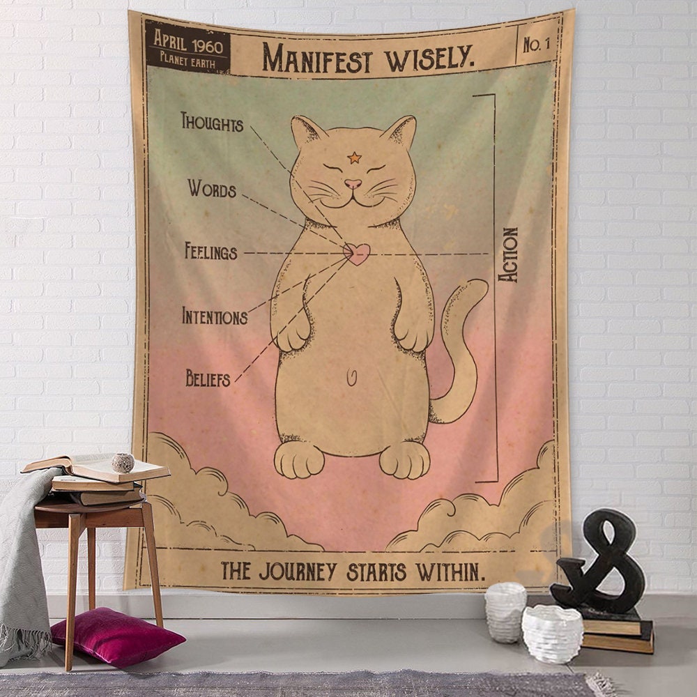 Manga Illustration, Tapestry Art, Cartoon Cat, Aesthetics ,Room Bedroom Living Room Kawaii Home Decor Adorable Art Prints Cute Cat Artwork
