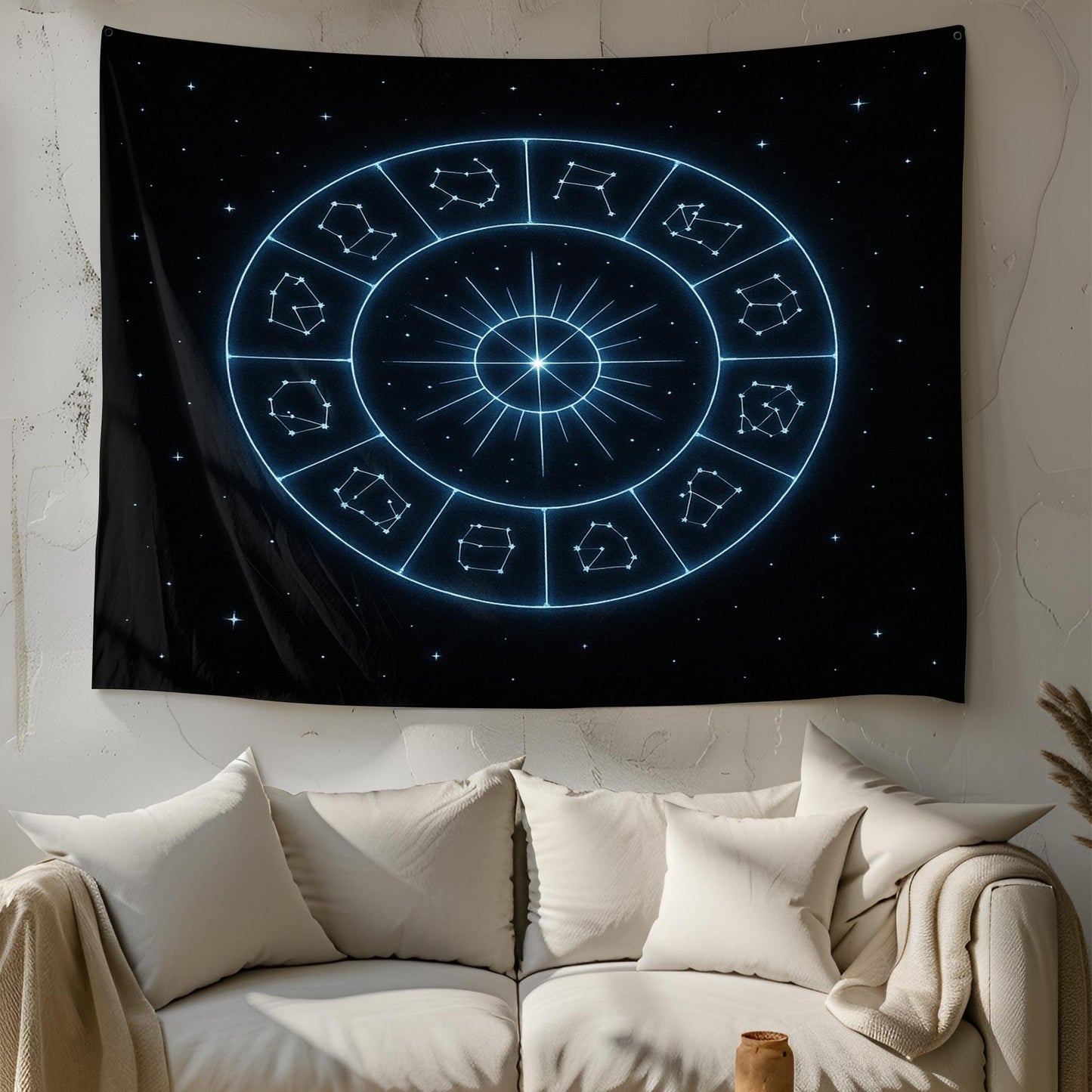 Zodiac Sign Constellation Wall Tapestry in Glowing Blue on Black – Celestial Astrology Decor for Bedroom, Meditation or Dorm Room Style