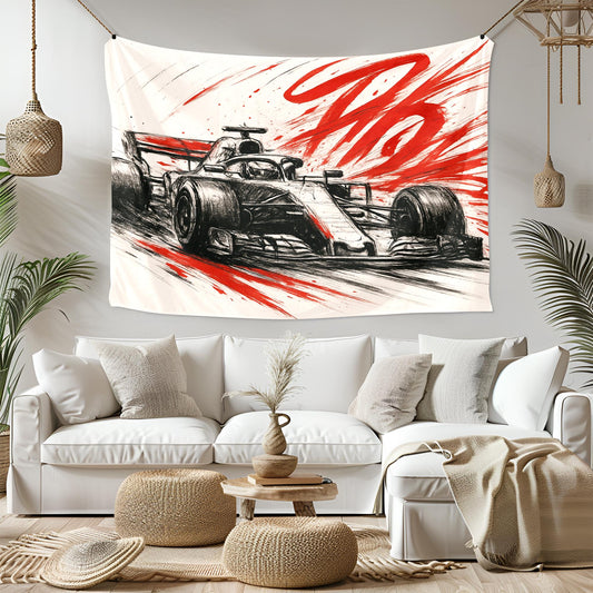 Formula 1 Racing Sketch Tapestry, Red & Black F1 Car Wall Art, Speed Decor for Car Lovers, Motorsport Man Cave Gift, Dynamic Auto Print