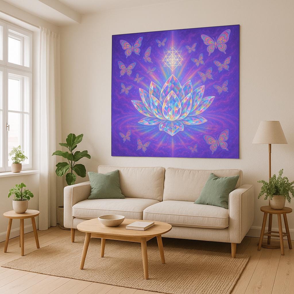 Crystal Lotus Tapestry, Spiritual Butterfly Wall Art, Pink Purple Boho Decor, Meditation Yoga Room Hanging, Sacred Geometry Gift
