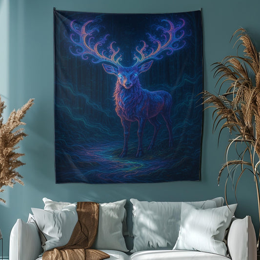 Glowing Deer Surrounded by Mystical Energy Waves Standing in Dark Surreal Forest Tapestry Deer Tapestry Room Decor, Wallhang, Deer Wallhang