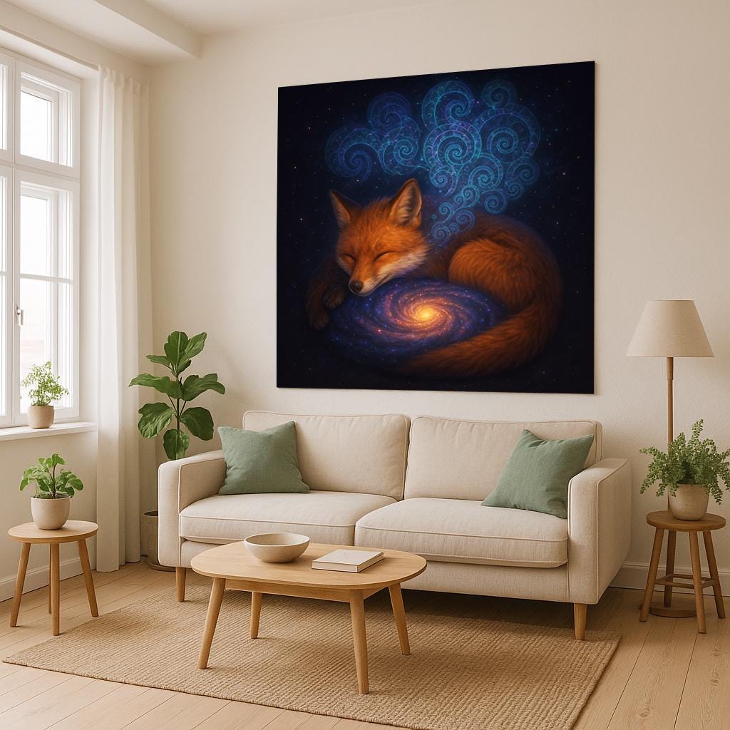 Sleeping Fox Galaxy Wall Tapestry, Mystical Animal and Universe Art Print, Dreamy Celestial Decor for Boho Bedroom or Meditation Space