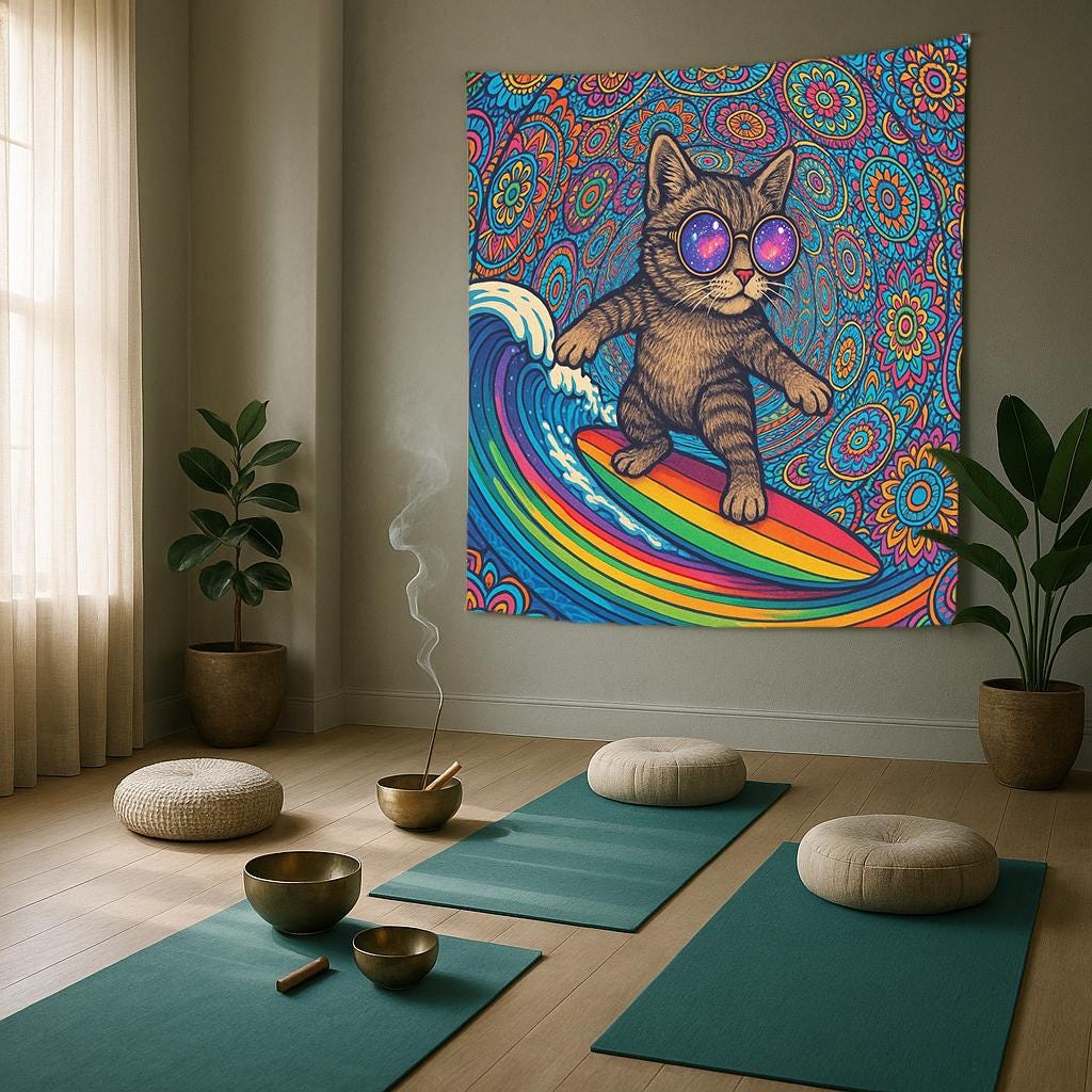 Psychedelic Surfing Cat Wall Tapestry, Trippy Rainbow Surfboard Art with Cool Kitten in Sunglasses, Fun Boho Decor for Dorm or Bedroom