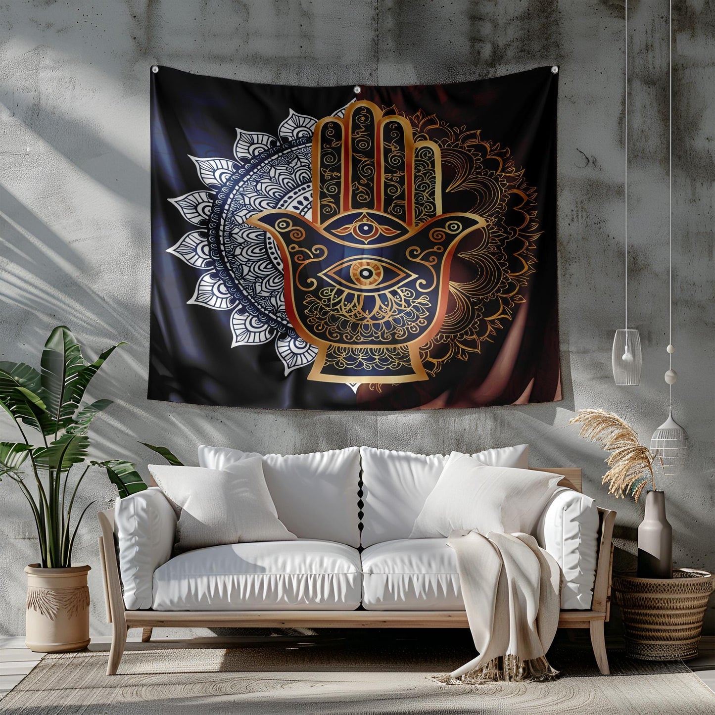 Mystical Hamsa Hand Mandala Tapestry, Indian Spiritual Wall Hanging, Deep Blue Gold Terracotta Boho Decor, Protective Eye Design