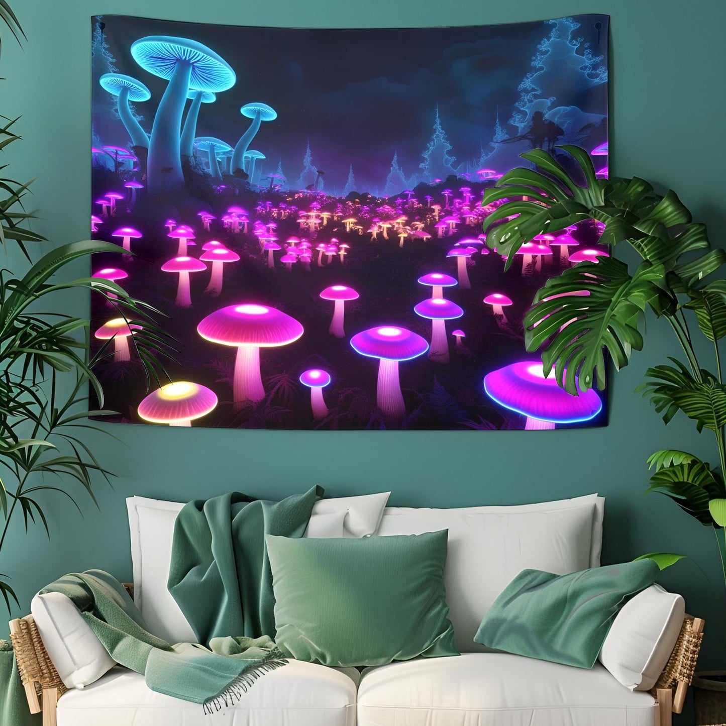 Glowing Bioluminescent Mushroom Forest Tapestry, Neon Fungi Dreamscape, Surreal Fractal Background, Dark Purple Blue Psychedelic Art