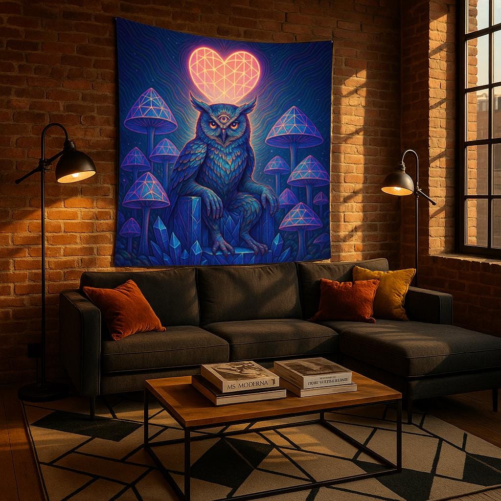 Psychedelic Owl Tapestry – Third Eye Forest Wall Art, Trippy Mushroom Decor, Visionary Crystal Owl Print, Geometric Heart Scene