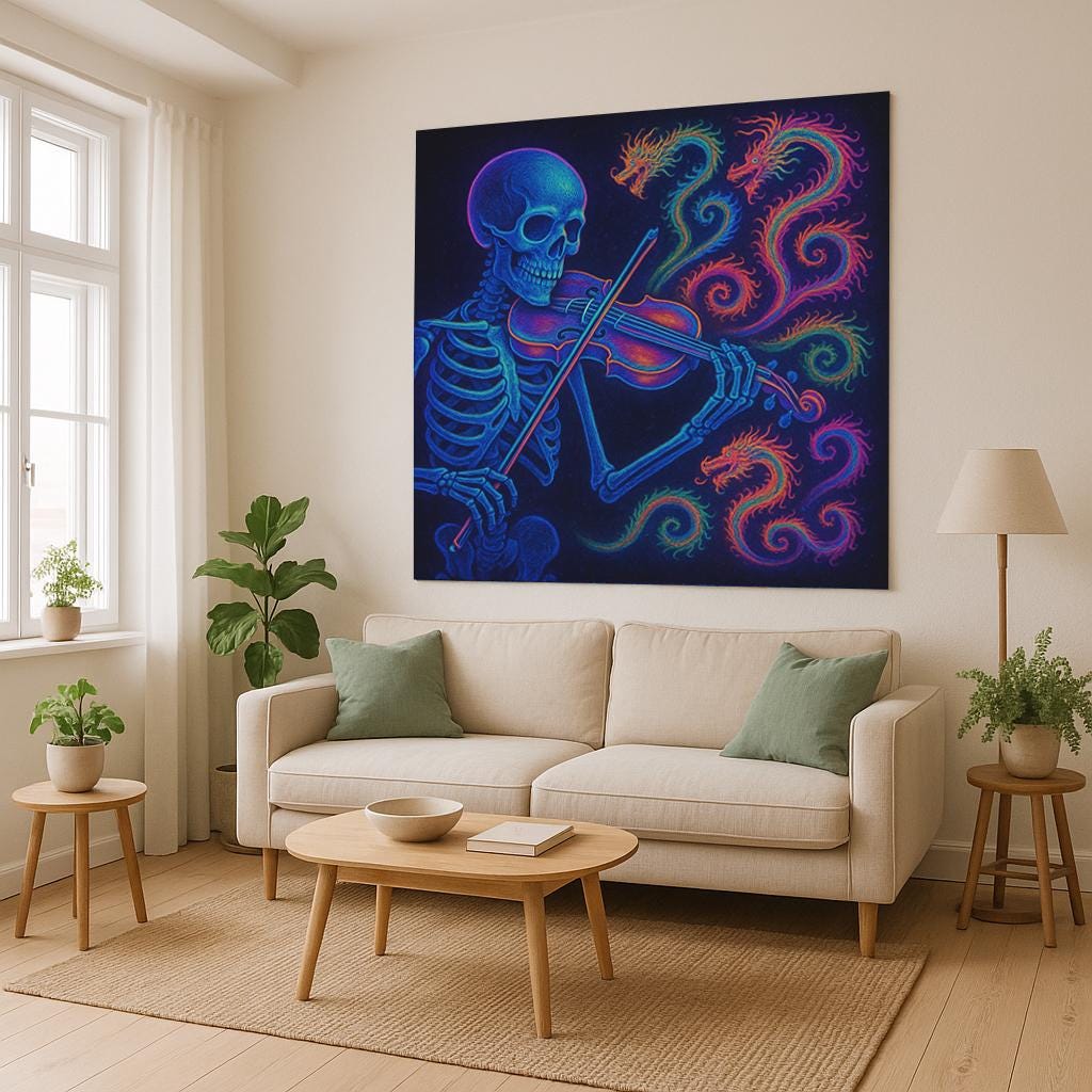 Skeleton Violin Tapestry, Psychedelic Gothic Wall Art, Trippy Neon Room Decor, Dark Boho Skeleton Print, Unique Gift for Musicians
