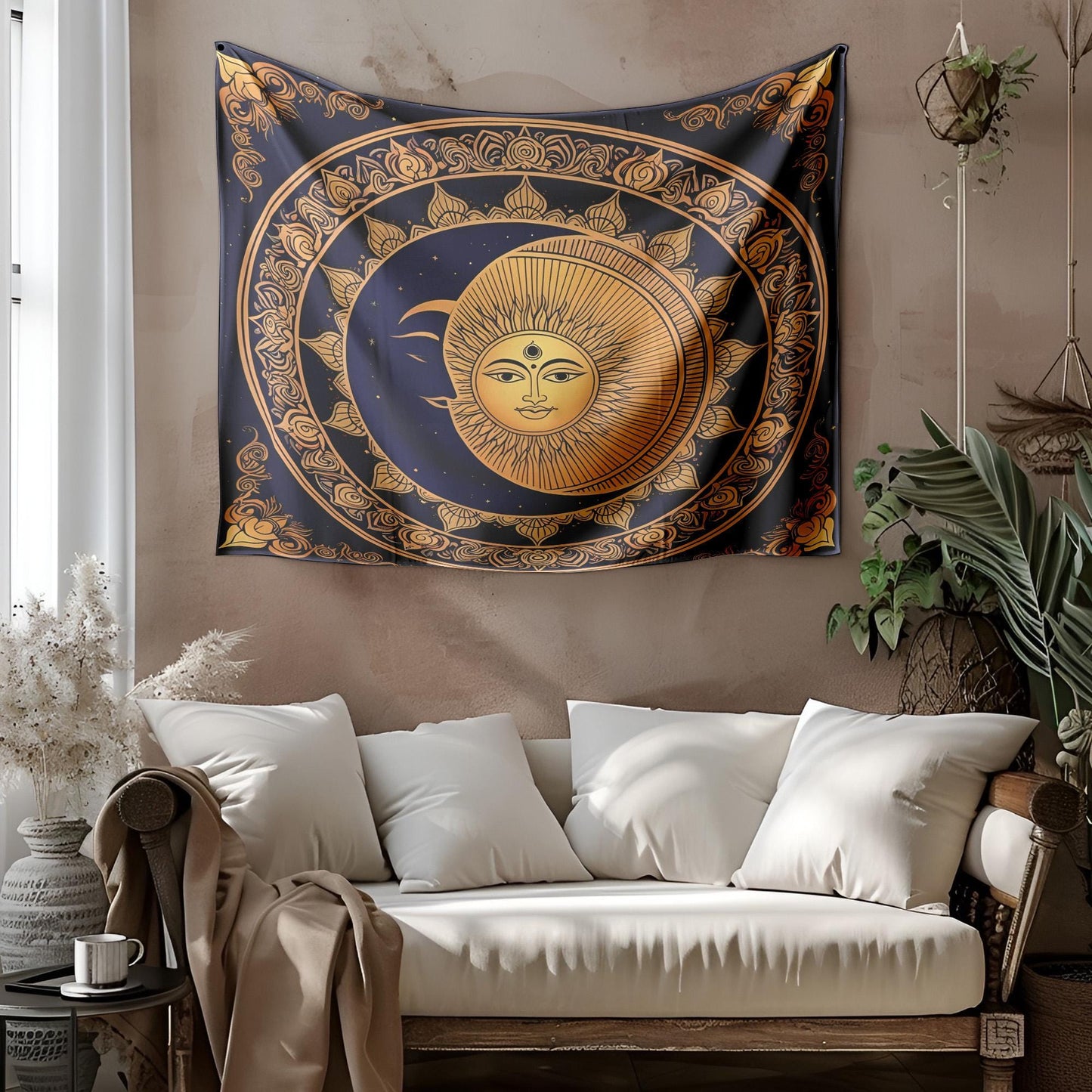 Indian Mandala Tapestry Wall Hanging, Celestial Sun Moon Decor, Spiritual Meditation Room Art, Yoga Wall Decor, Astrology Bedroom Tapestry