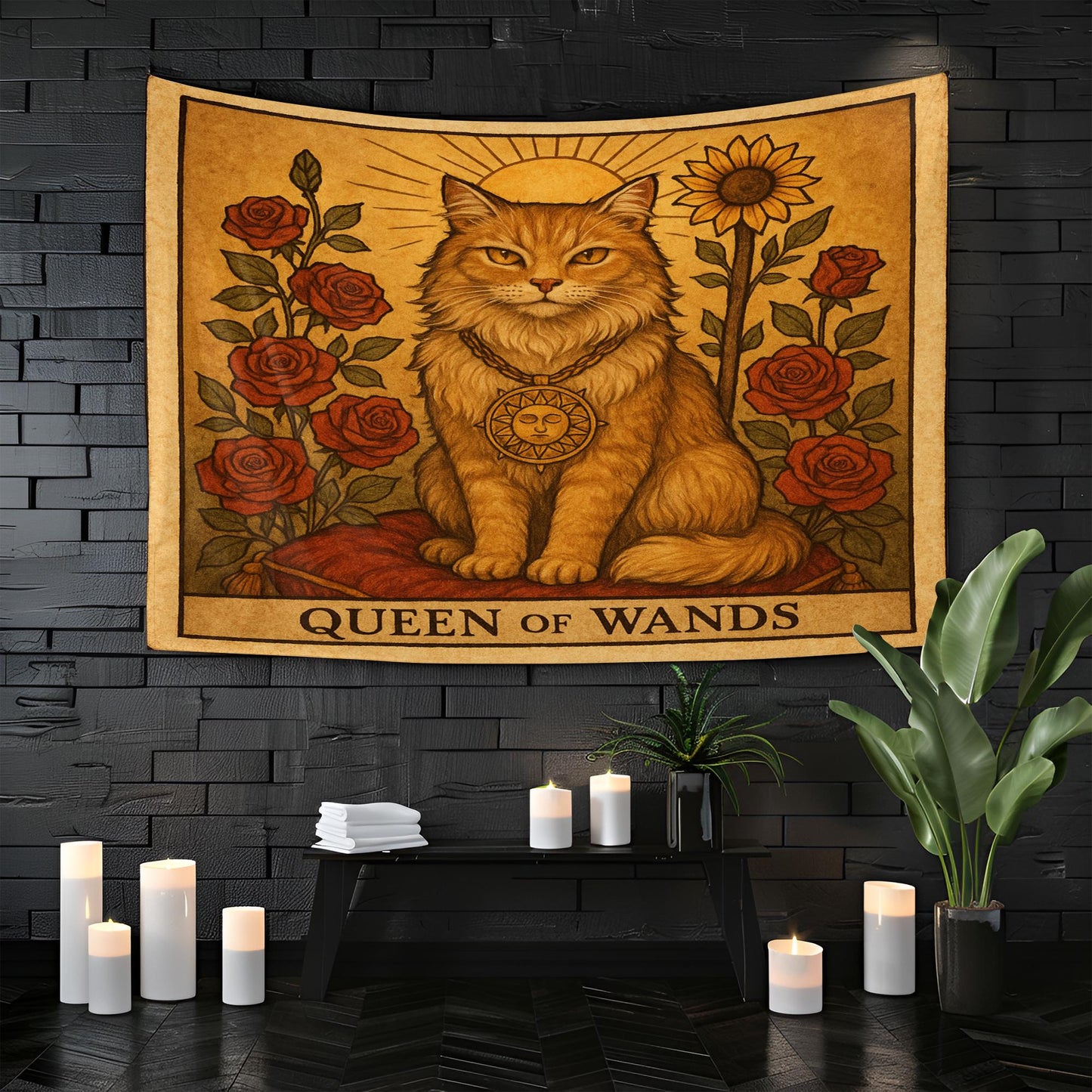 Queen of Wands Cat Tapestry – Tarot-Inspired Cat Wall Art, Boho Mystic Decor, Empowering Tapestry for Bedroom, Living Room or Altar