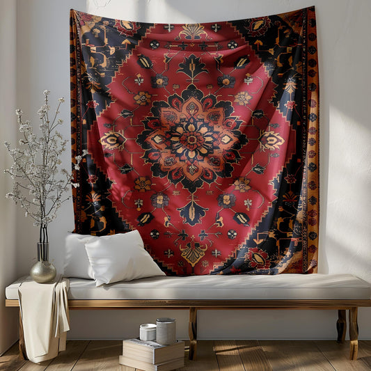 Vintage Ottoman Rug Tapestry, Distressed Floral Geometric Design, Deep Red Navy Gold Decor, Antique Aged Effect Wall Art, Turkish Rug