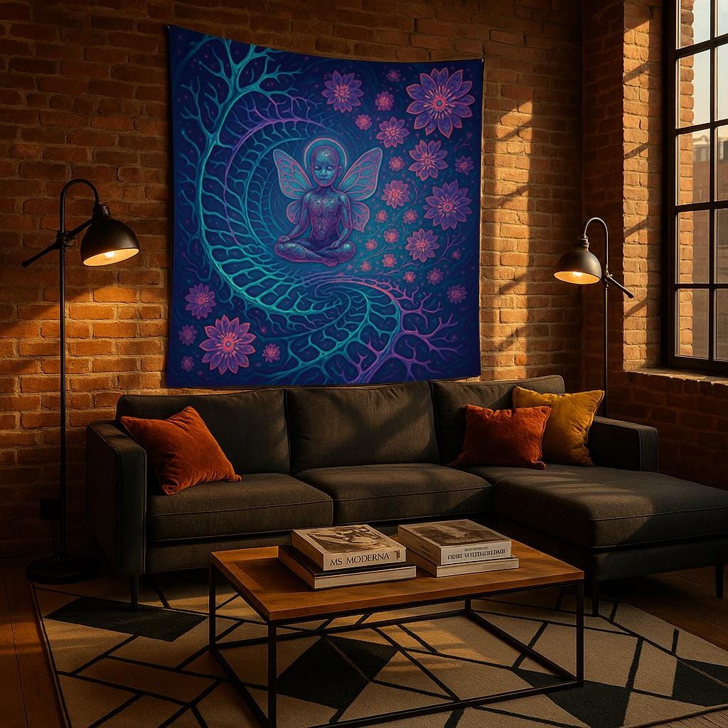 Fairy Child Tapestry – Psychedelic Meditating Kid Wall Art, Trippy Nature Spirit Decor, Mystical Flower Swirl Print, Spiritual Room Art