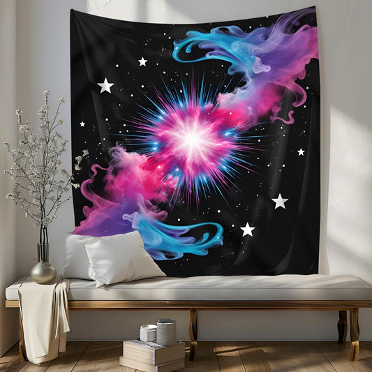 Colorful Space Nebula Tapestry, Central Cosmic Burst with Floating Stars & Swirling Mist, Vibrant Pink Blue Purple on Black Background
