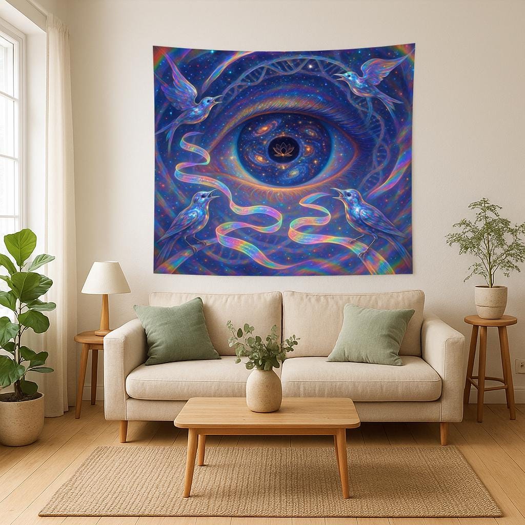 Cosmic Eye Tapestry – Trippy Bird and Galaxy Wall Art, Third Eye Vision Decor, Psychedelic Surreal Scene, Spiritual DNA Energy Art, Lotus