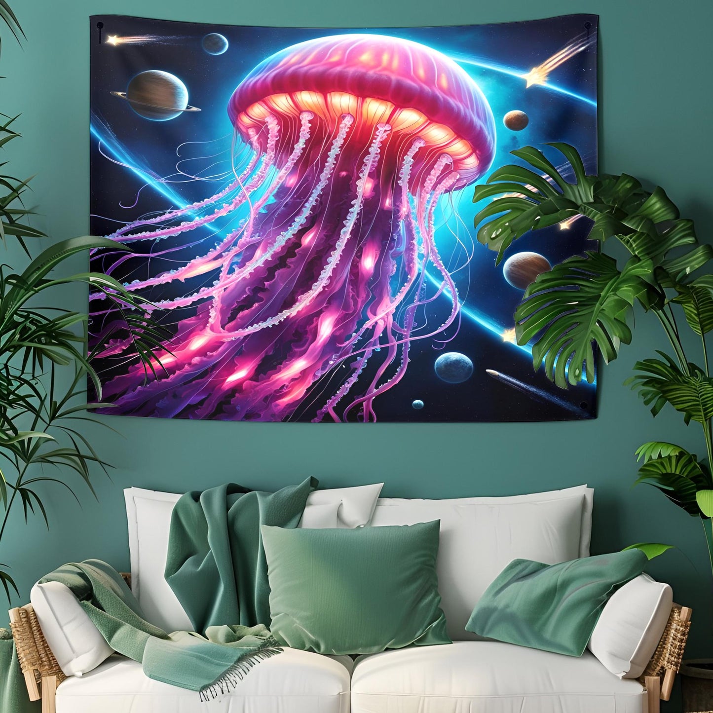 Bioluminescent Space Jellyfish Tapestry, Glowing Tentacles & Cosmic Patterns, Psychedelic Neon Galaxy Wall Art, Trippy Tapestries